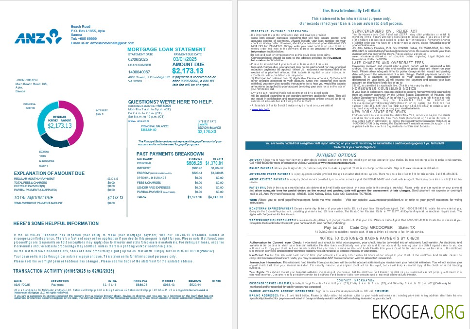 Relevé hypothécaire de la banque Samoa ANZ aux formats Word et PDF 1, 2